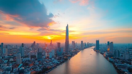 Fototapeta premium Beautiful costal city view at sunset, down town locates on the sea bay