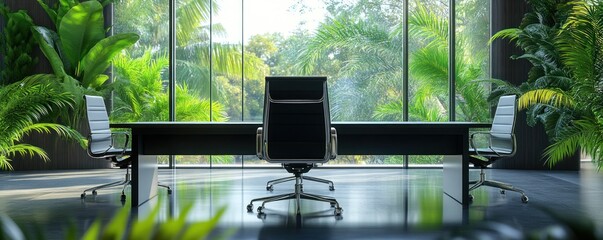 Fototapeta premium Serene Tropical Office: Modern Workspace with Lush Greenery and Panoramic View