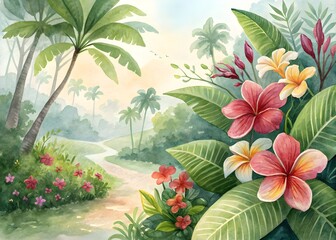 Obraz premium Watercolor of Tropical spring floral green leaves and flowers