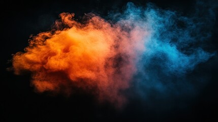 Orange blue smoke cloud, dark background, abstract design