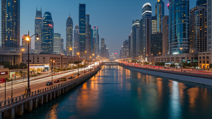 Fototapeta premium Dubai Canal at Dusk - Modern Urban Waterfront with Illuminated Skyscrapers