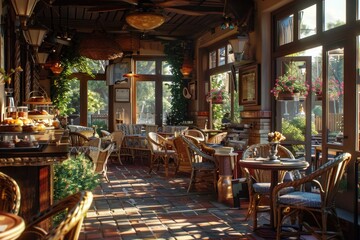 Fototapeta premium Experience the warmth of a Provence cafe at golden hour, filled with delightful pastries and vibrant flower baskets