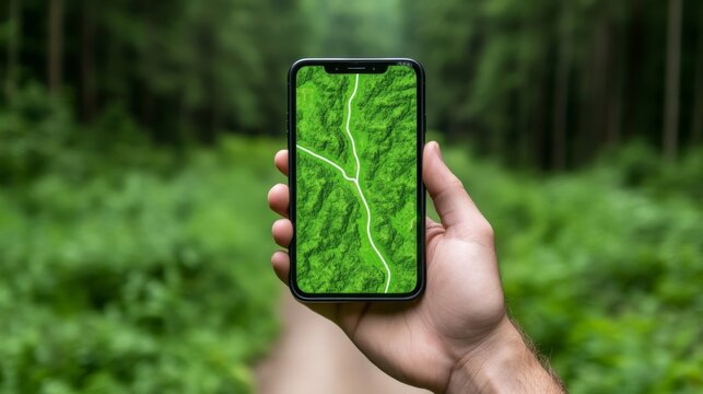 A hand holding a phone showing a bright GPS map isolated on a blurred outdoor background of green forests and winding roads  - Powered by Adobe