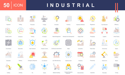 Icons set representing Industrial processes, including production, quality control, logistics, machinery, waste management, innovation, safety protocols, and robotics. Ideal for manufacturing projects