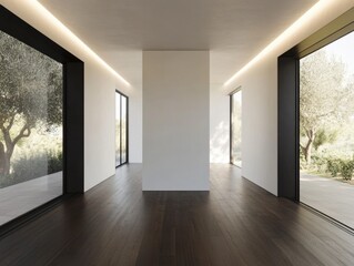 Obraz premium A large room with a white wall and black trim. The room is empty and has a lot of windows