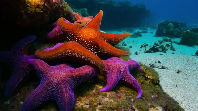 Starfish sticking to a rock in the Pacific ocean depths.