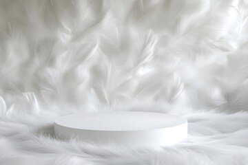 Fototapeta premium Elegant white stage on a soft feather pattern background, blending luxury with minimalist design.
