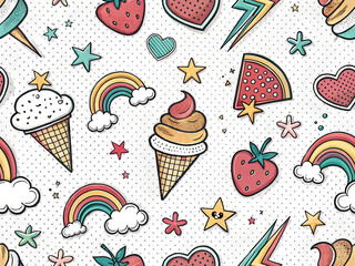 Illustration with ice cream, strawberries, hearts, stars, rainbow - seamless pattern for your design