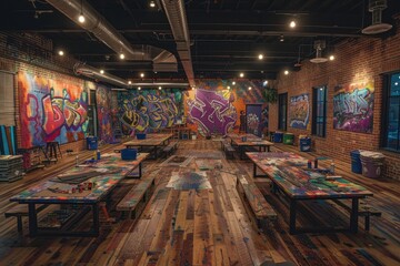 Colorful loft filled with long community tables, scattered art supplies, and vibrant murals in progress on brick walls