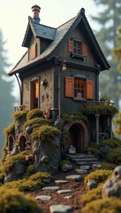 A charming, whimsical house nestled amongst lush greenery, showcasing intricate architectural details and a warm inviting atmosphere perfect for illustration and design projects.
