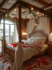 Luxurious honeymoon suite with rose petals, a canopy bed, and candlelight leading to a private balcony