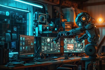 Fototapeta premium A futuristic workspace showcases a standing desk, multiple monitors, and a robotic arm in a well-lit environment