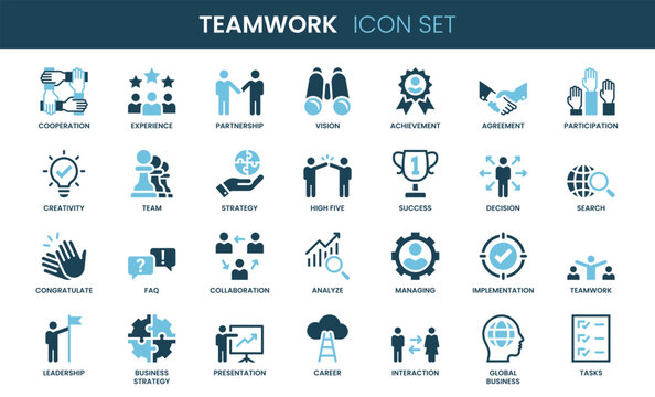 Teamwork icon set. Duotone and glyph style.