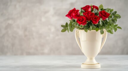 Obraz premium Elegant Artistic watercolor of a derby trophy surrounded by red roses with soft gold and green accents blending into a textured white background 