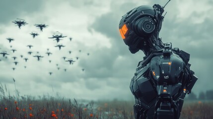 Solitary Sentinel: A Futuristic Robot Amidst a Drone Swarm