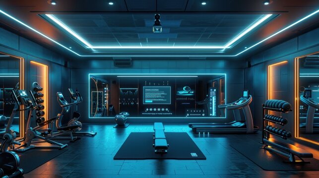 Modern gym with sleek gear, digital displays, AR support, and soft lighting effects