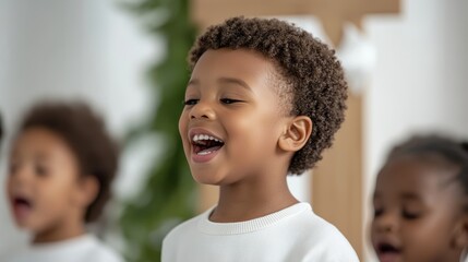 Elegant Black children singing in a Sunday school choir joyfully smiling in front of a simple wooden cross and soft white drapery 