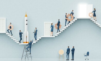 Business people and rocket as a symbol of new idea and startup. Team presents a new startup idea to investors. Abstract environment with stairs, business concept 3D rendering