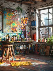 Fototapeta premium A graffiti artist's vibrant workspace features colorful walls and neatly organized spray cans, exuding urban energy