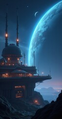 Obraz premium Explore a futuristic landscape featuring a high-tech facility under a celestial sky, perfect for sci-fi projects, games, and digital art.