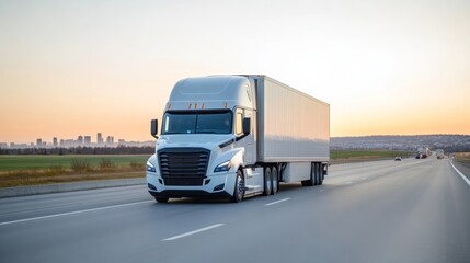 Elegant Blue long haul truck hauling a refrigerated cargo container on a highway at dusk with a glowing orange sky and city skyline in the distance 