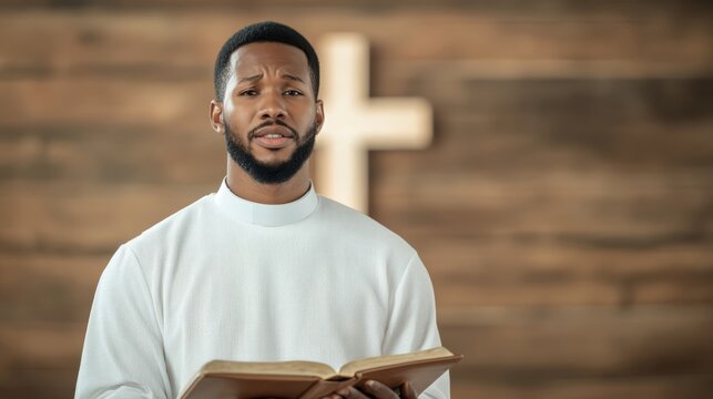 Elegant Black pastor in a white robe passionately preaching from a wooden pulpit Bible in hand with a cross glowing behind him 