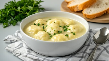 Elegant Bowl of homemade chicken soup with dumplings surrounded by fresh bread a spoon and herbs placed on a rustic linen cloth 