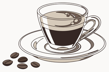 Clear glass espresso cup, saucer, layered coffee drink, crema, dark espresso, transparent mug, minimalist design, coffee art, beverage photography, rich brown tones, reflective surface, close-up shot,