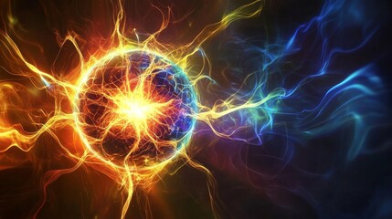 Digital Illustration of Neural Nodes Merging into a Glowing Sphere with Radiating Energy Lines on a Dark Backdrop
