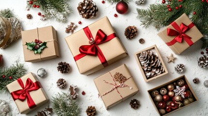 Festive christmas gifts with red ribbons and pinecones on snowy background