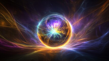 Obraz premium Digital Illustration of Neural Nodes Merging into a Glowing Sphere with Radiating Energy Lines on a Dark Backdrop 