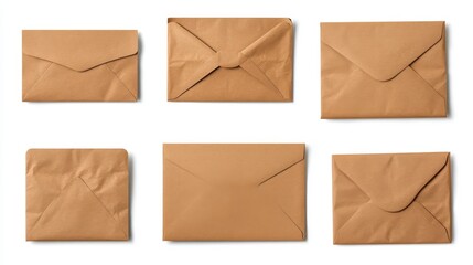 Brown rectangular closed and open envelopes laying and flying on white background. Realistic empty business letter correspondence dl standard format mockups front and back views for corporate mailing.