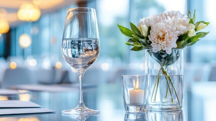 Elegant water glass, flowers, candle on table, modern room background, for restaurant or event promotion