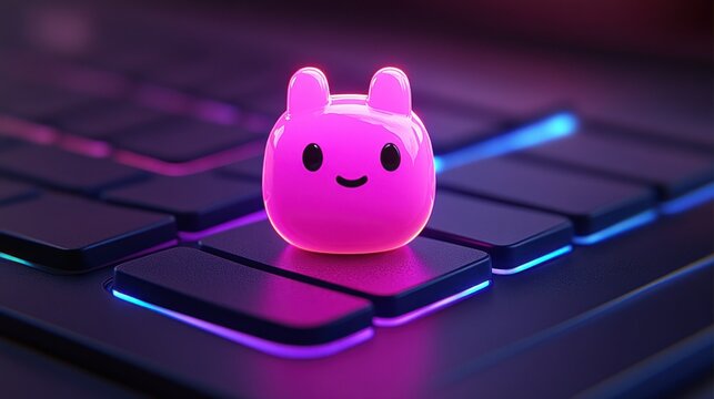 Pink avatar on glowing keyboard; digital art, website design