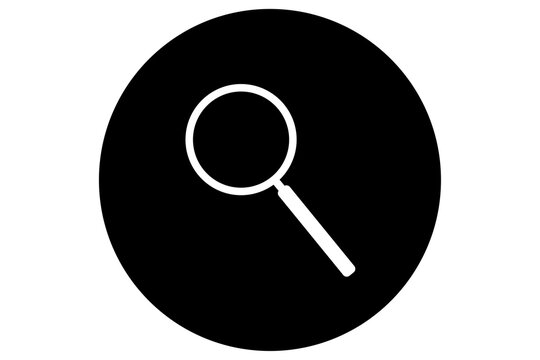 White search button scan icon on black round circle magnifying glass icon png file type for your apps, website, web, UI, logo, designs.