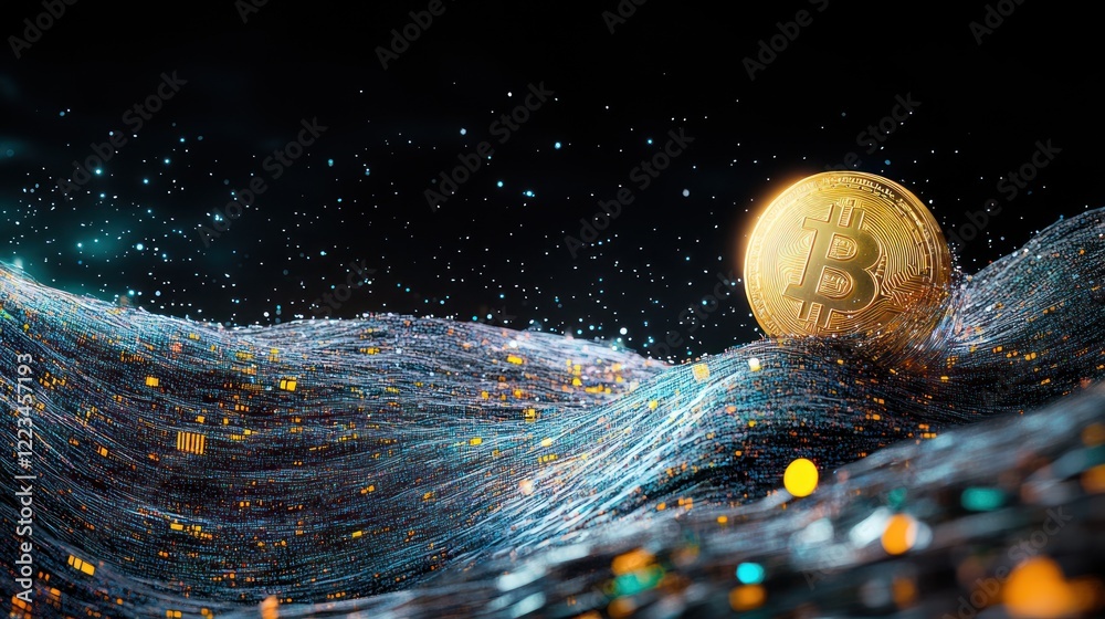 Poster bitcoin digital currency over data stream landscape