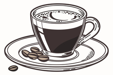 Clear glass espresso cup, saucer, layered coffee drink, crema, dark espresso, transparent mug, minimalist design, coffee art, beverage photography, rich brown tones, reflective surface, close-up shot,