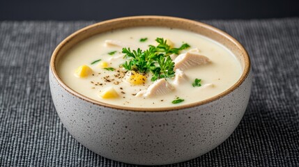 Elegant Creamy chicken soup with chunks of chicken corn and potatoes topped with cracked pepper and served in a stoneware bowl on a textured background 