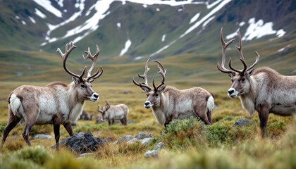 Obraz premium Caribou group on pastures in the mountains of Kamchatka in Russia