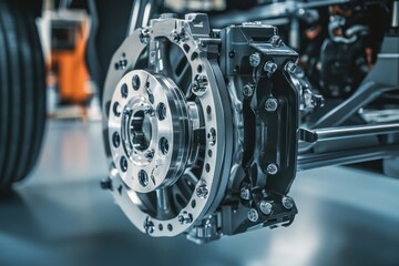 Close-up of electric vehicle's brake system.