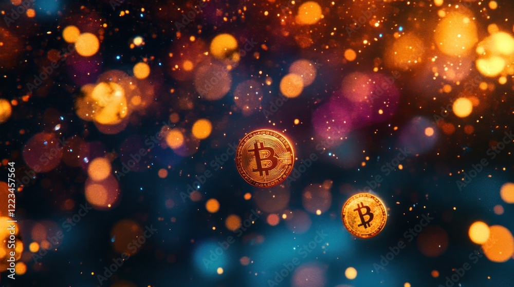 Poster Golden Bitcoin Coins Float in a Sparkling Galaxy