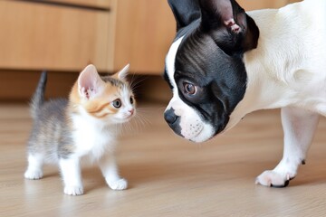 Fototapeta na wymiar Kitten and puppy meet indoors, home background, friendship