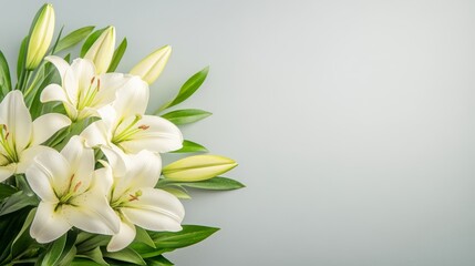 Fototapeta premium Elegant Decorative watercolor design of white lilies with soft green foliage encircling a pale glowing cross fading into a light blue gradient background 
