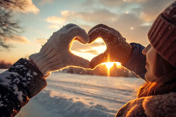 Woman hands in winter gloves Heart symbol shaped Lifestyle and Feelings concept with sunset light nature on background