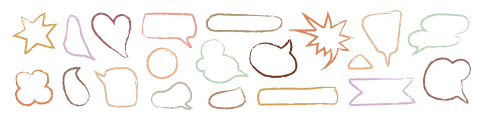 Collection of hand-drawn colorful speech bubbles, stars, hearts, and shapes on white background. Abstract vector doodle elements for design and decoration