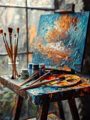 A close-up shows a vibrant workbench with brushes, a colorful palette, and a half-finished painting in soft light