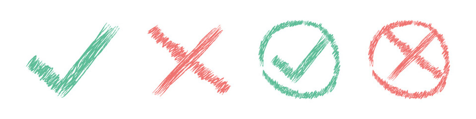 Set of green check marks and red crosses in sketch style. Hand-drawn icons with and without circular outlines on white background. Design for templates, banners, and presentations. Vector illustration