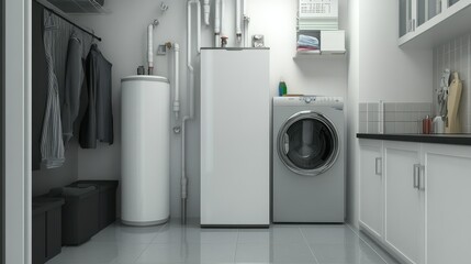 Modern laundry room with washer, boiler, and organized storage