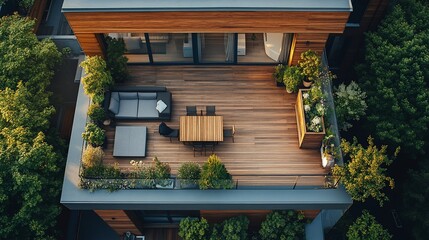 Naklejka premium Luxury Rooftop Terrace Design: Modern Wooden Deck with Greenery