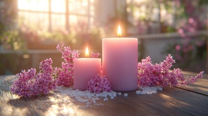 Pink candles, lilac flowers, sunlit room, spa relaxation